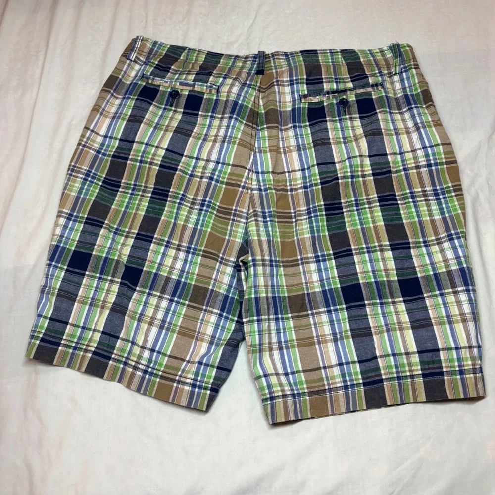 Madison Mens Plaid Shorts Size 38 Green Navy Blue Brown Cotton Flat Front Summer